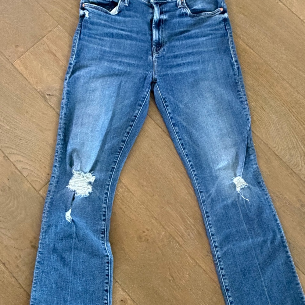 MOTHER Distressed Cropped Blue Ankle Jeans